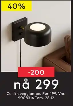Skeidar Zenith vegglampe, NOK 299 tilbud