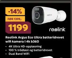 Megaflis Reolink Argus Eco Ultra batteridrevet wifi kamera i 4k b360, NOK 1199 tilbud