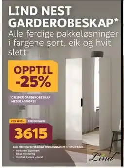 Megaflis Lind Nest garderobeskap 100x220x60 cm hvit med speil, NOK 3615 tilbud