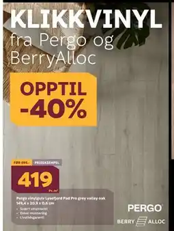 Megaflis Pergo vinylgulv Lysefjord Pad Pro grey valley oak 149,4 x 20,9 x 0,6 cm, NOK 419 tilbud