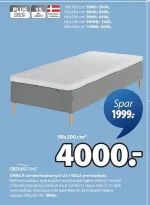 JYSK DINGLA rammemadrass grå-23 + KOLA overmadrass, NOK 4000 tilbud