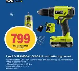 Coop Obs Ryobi Drill R18DD4-1C20GA18 med batteri og borset, NOK 1495, Medlemspris tilbud