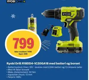 Ryobi Drill R18DD4-1C20GA18 med batteri og borset, NOK 1495, Medlemspris