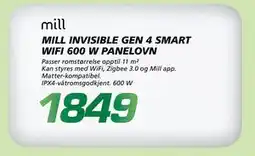 Coop Byggmix MILL INVISIBLE GEN 4 SMART WIFI 600 W PANELOVN, NOK 1849 tilbud