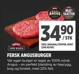 Meny FERSK ANGUSBURGER, NOK 34.9 tilbud