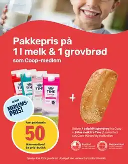 Matkroken 1 valgfritt grovbrød + 1 liter melk fra Tine. (5 varianter), Medlemspris tilbud