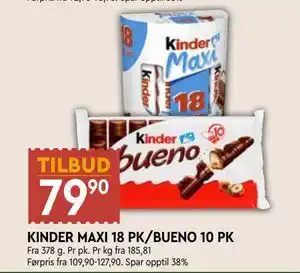 Coop Mega KINDER MAXI 18 PK/BUENO 10 PK, NOK 79.9 tilbud
