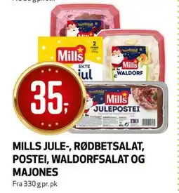 Bunnpris MILLS JULE-, RØDBETSALAT, POSTEI, WALDORFSALAT OG MAJONES, NOK 35 tilbud