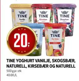 Bunnpris TINE YOGHURT VANILJE, SKOGSBÆR, NATURELL, KIRSEBÆR OG NATURELL, NOK 20 tilbud