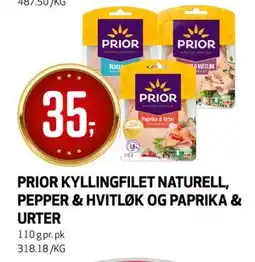 Bunnpris PRIOR KYLLINGFILET NATURELL, PEPPER & HVITLØK OG PAPRIKA & URTER, NOK 35 tilbud
