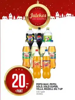 Bunnpris PEPSI MAX, PEPSI, SOLO, SOLO SUPER, VILLA, MOZELL OG 7 UP, NOK 20 tilbud