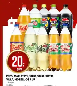 Bunnpris PEPSI MAX, PEPSI, SOLO, SOLO SUPER, VILLA, MOZELL OG 7 UP, NOK 20 tilbud