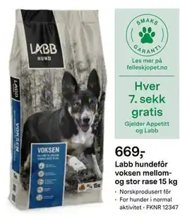 Felleskjøpet Labb hundefôr voksen mellom- og stor rase 15 kg, NOK 669 tilbud