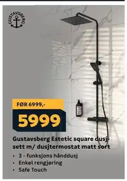 Megaflis Gustavsberg Estetic square dusjsett m/ dusjtermostat matt sort, NOK 5999 tilbud