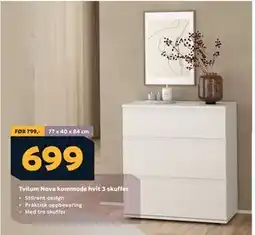 Megaflis Tvilum Nova kommode hvit 3 skuffer, NOK 699 tilbud