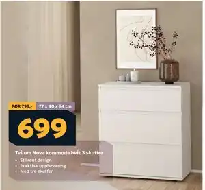 Megaflis Tvilum Nova kommode hvit 3 skuffer, NOK 699 tilbud