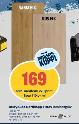 BerryAlloc Nordkapp 1-stav laminatgulv, NOK 279, Medlemspris