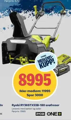 Ryobi RY36STX53B-180 snøfreser, NOK 11995, Medlemspris