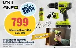 Obs Bygg Ryobi R18DD4-1C20GA18 Drill inkl. batteri, lader og borsett, NOK 1495, Medlemspris tilbud