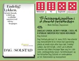 Ark Bokhandel ENDELIG! LYKKEN. OG MITT FORSØK, I 2022, PÅ Å UTHOLDE SMERTEN VED TIDENS HERJINGER, NOK 429 tilbud