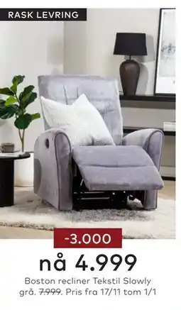 Skeidar Boston recliner Tekstil Slowly grå tilbud