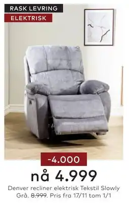 Skeidar Denver recliner elektrisk Tekstil Slowly Grå tilbud