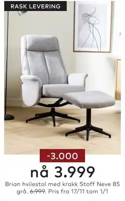 Skeidar Brian hvilestol med krakk Stoff Neve 85 grå tilbud