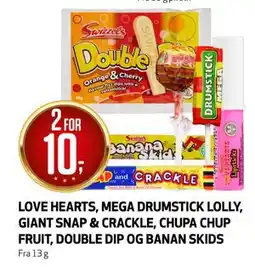 Bunnpris LOVE HEARTS, MEGA DRUMSTICK LOLLY, GIANT SNAP & CRACKLE, CHUPA CHUP FRUIT, DOUBLE DIP OG BANAN SKIDS tilbud