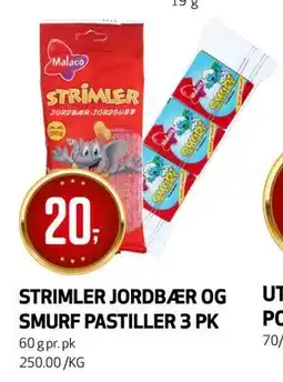Bunnpris STRIMLER JORDBÆR OG SMURF PASTILLER 3 PK tilbud