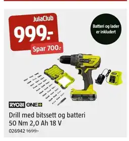 Jula Drill med bitssett og batteri 50 Nm 2,0 Ah 18 V tilbud