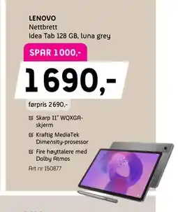 ELON LENOVO Nettbrett Idea Tab 128 GB, luna grey tilbud