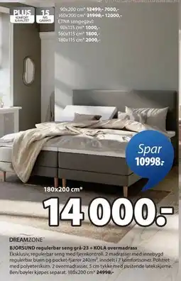 JYSK BJORSUND regulerbar seng grå-23 + KOLA overmadrass tilbud