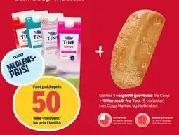 Matkroken 1 valgfritt grovbrød fra Coop + 1 liter melk fra Tine, Medlemspris tilbud