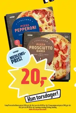 Coop Prix Coop Proscuttio Bianca pizza 340 g, Coop pepperoni pizza 340 g, Medlemspris tilbud