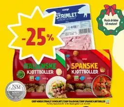 Coop Prix COOP NORSK STRIMLET SVINEKJØTT/COOP ITALIENSKE/COOP SPANSKE KJØTTBOLLER tilbud