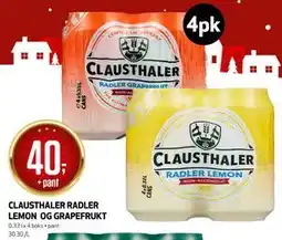 Bunnpris CLAUSTHALER RADLER LEMON OG GRAPEFRUKT tilbud