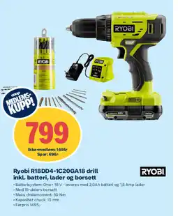 Coop Obs Ryobi R18DD4-1C20GA18 drill inkl. batteri, lader og borsett tilbud