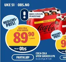 Coop Obs COCA-COLA UTEN SUKKER 8 PK, Medlemspris tilbud