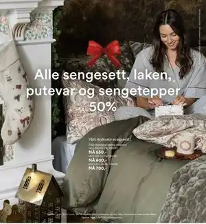 Alle sengesett, laken, putevar og sengetepper 50%
