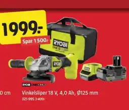 Jula RYOBI Vinkelsliper 18 V, 4,0 Ah, Ø125 mm tilbud