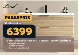 Megaflis Lind Timber servantskap 120 eik + Lind Toulouse servant 120 matt hvit tilbud
