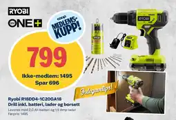 Coop Obs Ryobi r18dd4-1c20ga18 drill inkl. batteri, lader og borsett tilbud