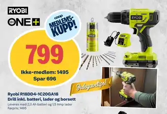 Ryobi r18dd4-1c20ga18 drill inkl. batteri, lader og borsett