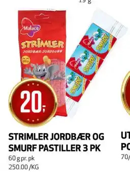 Bunnpris Strimler Jordbær og Smurf Pastiller 3 pk tilbud