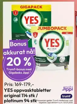 Gigaboks YES oppvasktabletter original 114 stk / platinum 94 stk tilbud