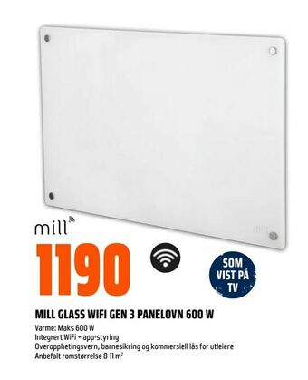 Obs Bygg Mill glass wifi gen 3 panelovn 600 w tilbud