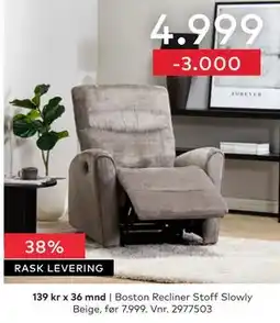 Skeidar Boston Recliner Stoff Slowly Beige tilbud
