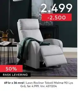 Skeidar Leon Recliner Tekstil Malmø 90 Lys Grå tilbud