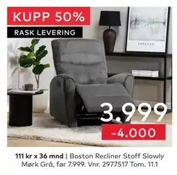 Skeidar Boston Recliner Stoff Slowly Mørk Grå tilbud