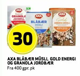 Bunnpris Axa blåbær musli, gold energi og gran ola jordbær tilbud